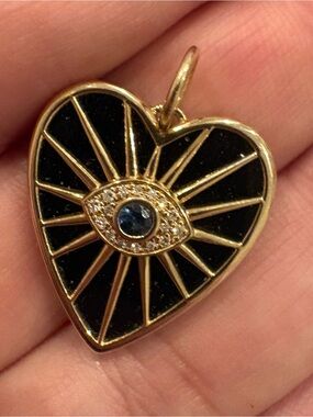🖤 14K Gold Evil Eye Heart Pendant | Black Enamel • Diamonds • Blue Sapphire